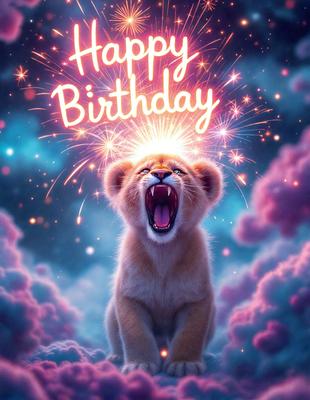 The primary subject of the image is a lion, which is the main object, scene, or focus of the image. The lion is standing on a cloud, which serves as the setting or background of the image. The visual style of the image is digital art, as it is a well-crafted illustration of the lion. The colors and mood of the image are vibrant and energetic, with the lion's mouth open and its eyes wide, creating a sense of excitement and power.