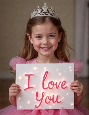 The primary subject of the image is a young girl wearing a crown and holding a sign that reads "I Love You." She is smiling and appears to be enjoying the moment. The setting is indoors, with a wall visible in the background. The visual style is a combination of photo and digital art, creating a unique and personalized presentation. The colors are predominantly pink, which adds a warm and affectionate atmosphere to the scene.