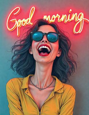 The primary subject of the image is a woman wearing sunglasses and a yellow shirt. She is smiling and appears to be enjoying herself. The setting is a room with a red background, which adds a vibrant touch to the scene. The visual style is a combination of digital art and illustration, creating a unique and eye-catching image. The colors are predominantly yellow and red, which contribute to a warm and cheerful atmosphere.