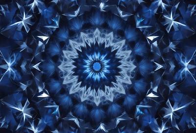 The primary subject of the image is a blue and white geometric pattern, which appears to be a digital art or illustration. The setting is a blue background, and the visual style is a combination of digital art and illustration. The dominant colors are blue and white, creating a calm and soothing atmosphere.