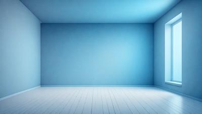The primary subject of the image is a large, empty room with a blue wall. The setting is a white room with a blue wall, and the visual style is a photo. The colors and mood of the image are predominantly blue, creating a calm and serene atmosphere.