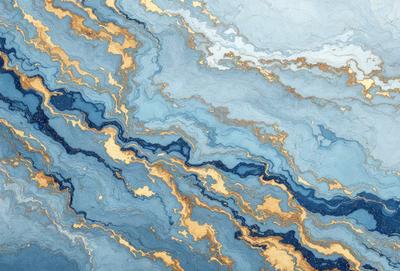 The primary subject of the image is a blue and gold swirling pattern, which appears to be a painting or a digital artwork. The setting is a blue and gold ocean, creating a serene and calming atmosphere. The visual style is a mix of digital art and painting, with the gold and blue colors creating a vibrant and dynamic scene.