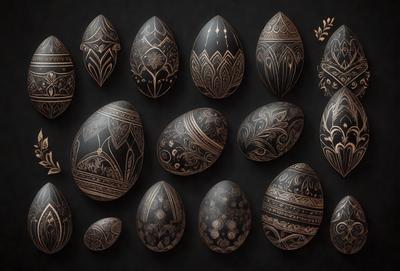 The primary subject of the image is a collection of decorated eggs. The setting is a black background, which provides a contrasting and dramatic effect. The visual style is a combination of digital art and illustration, as the eggs are intricately designed and displayed. The colors and mood of the image are predominantly dark, with the decorated eggs being the main focus and source of visual interest.