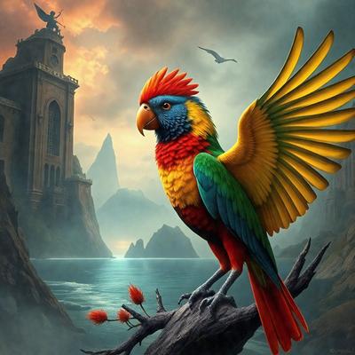 The primary subject of the image is a colorful bird, possibly a parrot, perched on a tree branch. The bird is surrounded by a vibrant and lively environment, with a castle in the background and a body of water nearby. The visual style of the image is a digital art or illustration, showcasing the bird's vivid colors and intricate details. The overall atmosphere of the image is lively and energetic, with the bird as the focal point of the scene.