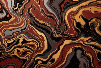 The primary subject of the image is a close-up of a colorful, patterned surface. The setting appears to be a room with a carpeted floor. The visual style of the image is a combination of a photo and a digital art, illustration, or drawing. The dominant colors in the image are red, yellow, and black, creating a vibrant and lively atmosphere.