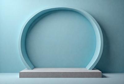 The primary subject of the image is a blue wall with a large, curved, and circular design. The setting is a room with a blue wall, and the visual style appears to be a photo. The dominant colors in the image are blue and white, creating a calm and serene atmosphere.