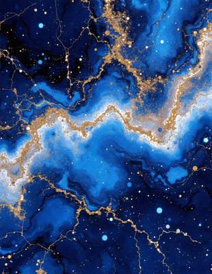 The primary subject of the image is a blue and gold swirling pattern, which appears to be a digital art or illustration. The setting is a dark blue background, and the visual style is a combination of digital art and illustration. The dominant colors are blue and gold, creating a vibrant and luminous atmosphere.