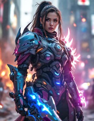 The primary subject of the image is a woman dressed in a futuristic, metallic armor. She is holding a weapon, possibly a sword, and appears to be the main focus of the scene. The setting is a cityscape with a backdrop of buildings, and the visual style is a digital art or illustration. The colors in the image are predominantly purple and blue, creating a dramatic and futuristic atmosphere.