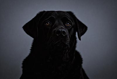 The primary subject of the image is a black dog with a sad expression. The dog is the main focus of the image, and it appears to be staring into the distance. The setting is a dark room, and the visual style is a close-up of the dog's face. The colors in the image are predominantly black, giving the scene a moody atmosphere.