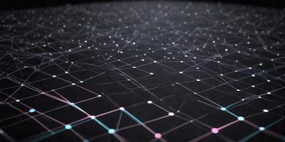 The primary subject of the image is a pattern of interconnected lines, which are displayed on a black background. The setting appears to be a dark room, and the visual style is a combination of digital art and illustration. The dominant colors in the image are black and white, with some pink and blue accents. The overall atmosphere of the image is intricate and complex, with a sense of depth and detail in the pattern.