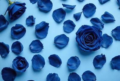 The primary subject of the image is a blue rose, which is the focal point of the scene. The setting is a blue background, which creates a visually striking contrast with the blue rose. The visual style of the image is a close-up of the blue rose, emphasizing its unique color and texture. The dominant colors in the image are blue, which creates a calm and serene atmosphere.