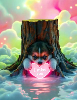 The primary subject of the image is a cute puppy dog. The dog is holding a heart-shaped pink object, which reads "I miss you." The setting is a whimsical, colorful environment, with a tree stump and a tree visible in the background. The visual style is a combination of photo and digital art, creating a unique and charming scene. The colors and mood of the image are predominantly pink and warm, evoking feelings of love and affection.