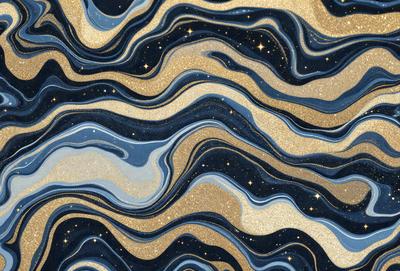 The primary subject of the image is a blue and gold swirling pattern, which appears to be a wallpaper or a decorative design. The setting is a dark background, which contrasts with the vibrant colors of the swirling pattern. The visual style is a combination of digital art and illustration, creating a unique and eye-catching design. The dominant colors are blue and gold, with the gold adding a warm and luxurious touch to the overall atmosphere.