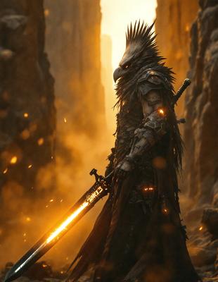 The primary subject of the image is a person dressed in a costume, holding a sword. The setting is a dark, rocky environment, with the person standing in front of a mountain. The visual style appears to be a digital art or illustration, with the person's costume and the sword being the main focus of the image. The colors and mood are dark and dramatic, with the person's costume and the sword being the main elements of the scene.