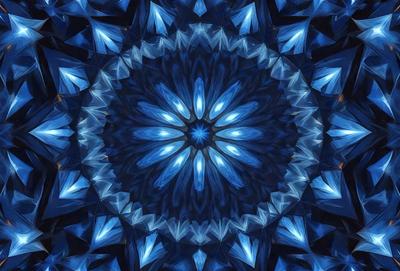 The primary subject of the image is a blue and white geometric pattern, which appears to be a digital art or illustration. The setting is a blue background, and the visual style is a combination of digital art and illustration. The dominant colors in the image are blue and white, creating a calm and soothing atmosphere.