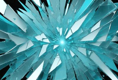 The primary subject of the image is a large, blue, shattered glass piece. The setting is a white background, which contrasts with the blue glass. The visual style is a digital art or illustration, as the glass appears to be a part of a larger, abstract design. The colors and mood of the image are predominantly blue, creating a sense of depth and tranquility.