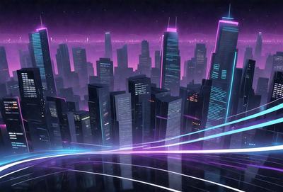 The primary subject of the image is a futuristic cityscape with tall buildings and a purple skyline. The setting is a city at night, with the buildings illuminated by neon lights. The visual style is a digital art or illustration, creating a vibrant and colorful atmosphere. The dominant colors are purple and pink, giving the scene a unique and captivating appearance.