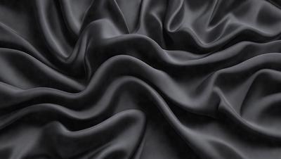 The primary subject of the image is a black fabric, which appears to be a piece of cloth or a curtain. The setting is a black background, which creates a dramatic contrast with the fabric. The visual style is a close-up of the fabric, showcasing its texture and details. The colors and mood of the image are predominantly dark, with the black fabric being the main focus.