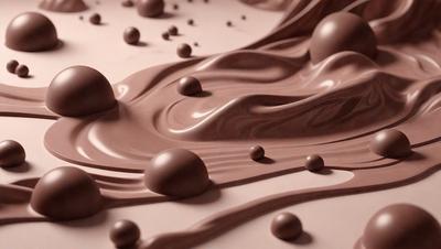 The primary subject of the image is a close-up of a chocolate-covered surface, which appears to be a chocolate sculpture or a chocolate-covered object. The setting is a white background, which contrasts with the rich brown color of the chocolate. The visual style is a close-up, focusing on the details of the chocolate. The colors and mood of the image are predominantly brown, creating a warm and indulgent atmosphere.