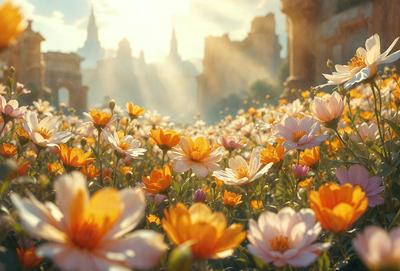 The primary subject of the image is a field filled with yellow and white flowers. The setting is a sunny day, and the visual style appears to be a digital art or illustration. The dominant colors in the image are yellow and white, creating a warm and cheerful atmosphere.