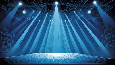 The primary subject of the image is a stage with a blue curtain. The stage is illuminated by a spotlight, creating a dramatic atmosphere. The setting is a theater or a stage, and the visual style is a digital art or illustration. The colors and mood of the image are predominantly blue, creating a calm and serene ambiance.