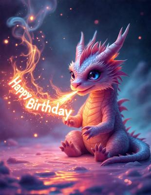 The primary subject of the image is a small dragon, likely a baby, sitting on a rock. The dragon is holding a birthday sign, which reads "Happy Birthday." The setting appears to be a fantasy or imaginative environment, possibly a digital art or illustration. The colors in the image are predominantly orange and blue, creating a warm and celebratory atmosphere.