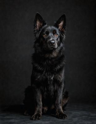 The primary subject of the image is a black dog sitting on a dark surface. The dog is looking at the camera, and its ears are perked up. The setting appears to be a dark room, and the visual style is a close-up of the dog. The dominant colors in the image are black and grey, creating a moody atmosphere.