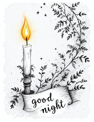 The primary subject of the image is a lit candle, which is placed on a piece of paper. The setting is a black and white drawing, giving it a classic and timeless appearance. The visual style is a combination of drawing and digital art, creating a unique and artistic representation of the scene. The colors and mood of the image are predominantly black and white, with the lit candle serving as a focal point and creating a sense of warmth and tranquility.