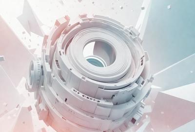 The primary subject of the image is a large white structure, possibly a building or a spacecraft, with a round window. The setting is a white background, which creates a clean and minimalist visual style. The colors and mood of the image are predominantly white, giving it a calm and serene atmosphere.