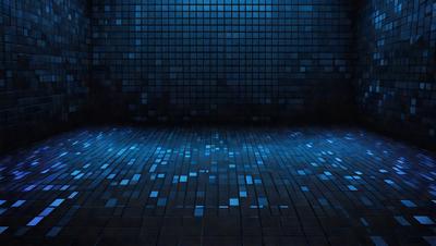 The primary subject of the image is a blue tiled floor with a pattern of blue squares. The setting is a dark room with a blue background, creating a moody atmosphere. The visual style is a combination of a photo and digital art, as the blue squares are arranged in a visually appealing manner. The colors and mood of the image are predominantly blue, giving it a cool and calming vibe.