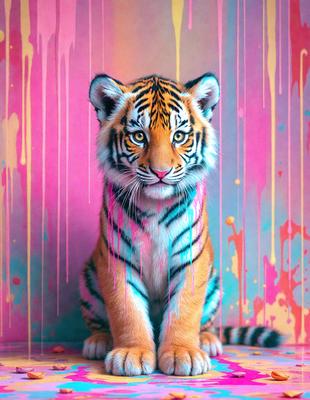 The primary subject of the image is a small tiger cub sitting on a pink and blue background. The setting appears to be a painting or a digital artwork, as the colors and mood are vibrant and lively. The visual style is a mix of photo and digital art, creating a unique and eye-catching scene.