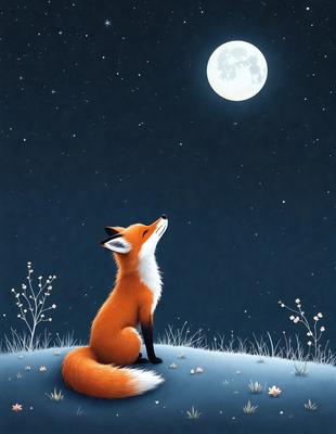 The primary subject of the image is a fox sitting on a hill at night. The setting is a grassy hill with a night sky in the background. The visual style is a painting, which creates a sense of depth and atmosphere. The colors and mood of the image are predominantly dark, with the fox being the main focal point.