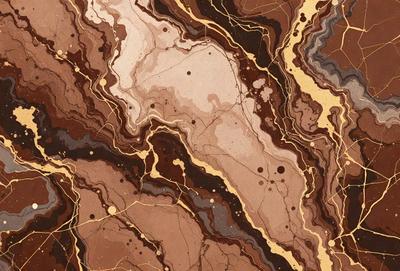 The primary subject of the image is a marble-like surface with a gold and brown color scheme. The setting is a rocky, textured surface, possibly a wall or a piece of art. The visual style appears to be a combination of a photo and a drawing, creating a unique and intricate pattern. The colors and mood of the image are warm and earthy, evoking a sense of natural beauty and richness.