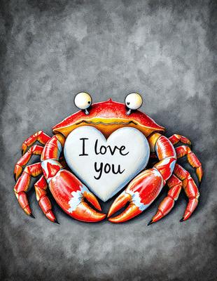 The primary subject of the image is a heart-shaped crab, which is the main object, scene, or focus of the image. The setting/background features a gray surface, which adds to the overall atmosphere. The visual style of the image is a combination of digital art and illustration, creating a unique and creative representation of the crab. The colors in the image are predominantly red and white, which contribute to the heart-shaped theme and create a warm and inviting mood.