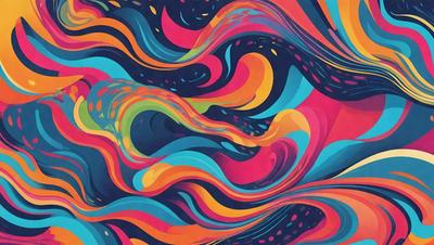 The primary subject of the image is a colorful, abstract painting featuring a mix of blue, orange, and yellow colors. The painting is displayed on a wall, creating a vibrant and lively atmosphere. The visual style of the painting suggests that it is a digital art or illustration, rather than a photo or traditional painting. The dominant colors and overall mood of the painting are energetic, lively, and full of color.