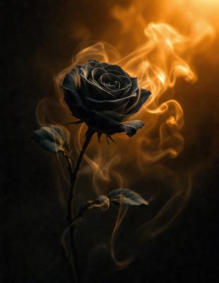The primary subject of the image is a single black rose. The setting is a dark, smoky environment, with the rose being the main focus of the image. The visual style is a close-up of the rose, with the background being a blur of smoke. The colors are predominantly dark, with the black rose being the most prominent feature. The overall atmosphere is mysterious and dramatic.