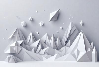 The primary subject of the image is a white paper cutout of a mountain range. The setting is a white background, which provides a clean and minimalist appearance. The visual style is a combination of digital art and illustration, as the paper cutout is created using a computer-aided design (CAD) software. The colors and mood of the image are predominantly white, giving it a clean and serene atmosphere.