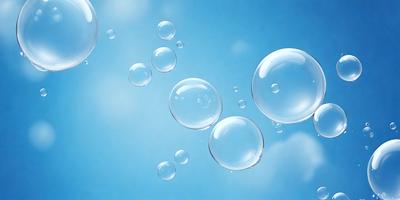 The primary subject of the image is a group of bubbles floating in a blue sky. The setting is a cloudy sky, and the visual style is a photo. The colors and mood of the image are predominantly blue, creating a serene and calming atmosphere.