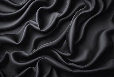The primary subject of the image is a close-up of a black fabric, possibly a piece of clothing or a curtain. The setting is a dark background, which emphasizes the fabric's texture and pattern. The visual style appears to be a photo, as it captures the details of the fabric. The colors and mood of the image are predominantly dark, with the black fabric being the main focus.