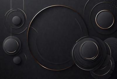 The primary subject of the image is a black background with a gold circle in the center. The setting is a dark room, and the visual style is a combination of digital art and illustration. The dominant colors are black and gold, creating a sophisticated and elegant atmosphere.