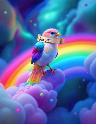The primary subject of the image is a bird, specifically a blue and pink bird, sitting on a cloud. The bird is wearing a note that says "I miss you." The setting is a colorful, cloudy sky, which adds a whimsical and playful atmosphere to the scene. The visual style of the image is a combination of digital art and illustration, creating a vibrant and imaginative scene. The dominant colors in the image are blue, pink, and various shades of the cloud, contrib