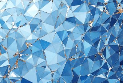 The primary subject of the image is a blue and white patterned wall, which appears to be made of glass or a similar material. The setting is a room with a blue background, and the visual style is a combination of digital art and illustration. The dominant colors are blue and white, creating a calm and soothing atmosphere.