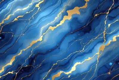 The primary subject of the image is a blue and gold marbled wallpaper with gold streaks. The setting is a room with a blue and gold marbled wallpaper. The visual style is a digital art, illustration, or drawing. The dominant colors are blue and gold, creating a luxurious and elegant atmosphere.