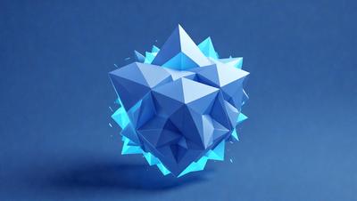 The primary subject of the image is a blue, three-dimensional geometric shape, which appears to be a cube or a similar structure. The setting is a blue background, which provides a contrasting and visually appealing environment for the shape. The visual style of the image is a combination of digital art and illustration, as the geometric shape is rendered in a three-dimensional manner. The dominant colors in the image are blue and white, creating a sense of depth and complexity.