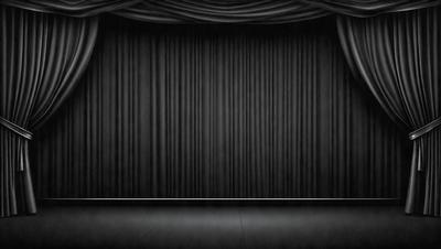 The primary subject of the image is a black curtain, which is the main object in the scene. The setting is a stage, with the curtain hanging down in front of it. The visual style of the image is a black and white photo, giving it a classic and dramatic appearance. The colors and mood of the image are predominantly dark, with the black curtain and stage creating a sense of mystery and theatricality.