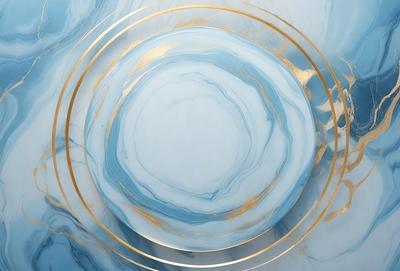 The primary subject of the image is a large, round, blue and gold vase. The vase is placed on a table, and it appears to be made of glass. The setting is a room with a blue and gold color scheme, giving the space a luxurious and elegant atmosphere. The visual style of the image is a close-up, showcasing the intricate details of the vase. The colors and mood of the image are predominantly blue and gold, creating a sense of sophistication and op