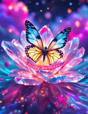 The primary subject of the image is a butterfly, which is the main focus of the scene. The butterfly is sitting on top of a flower, which serves as the setting or background. The visual style of the image is digital art, as it appears to be a digital illustration or drawing. The dominant colors in the image are pink and blue, creating a warm and inviting atmosphere.