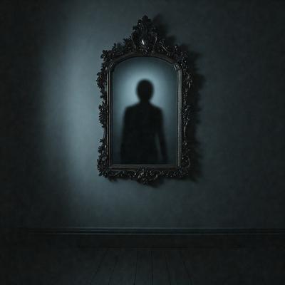 The primary subject of the image is a mirror with a reflection of a person in a dark room. The setting is a dark room with a black background, creating a moody atmosphere. The visual style is a photo, capturing the reflection of the person in the mirror. The colors and mood are predominantly dark, with the reflection of the person being the main focus of the image.