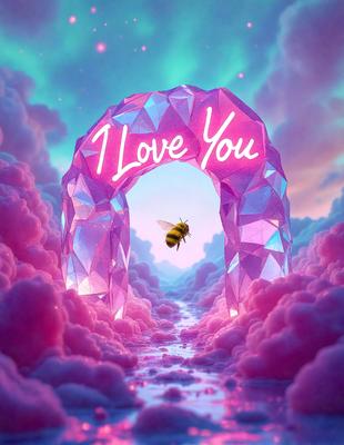 The primary subject of the image is a bee flying through a pink and purple tunnel. The setting is a whimsical, colorful environment with a cloudy background. The visual style is a digital art or illustration, creating a vibrant and lively atmosphere. The dominant colors are pink and purple, with the bee adding a touch of yellow. The overall mood is playful and imaginative.