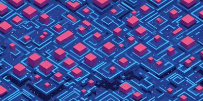 The primary subject of the image is a blue and pink geometric pattern, which is a digital art piece. The setting is a blue background, and the visual style is a combination of digital art and illustration. The dominant colors are blue and pink, creating a vibrant and lively atmosphere.